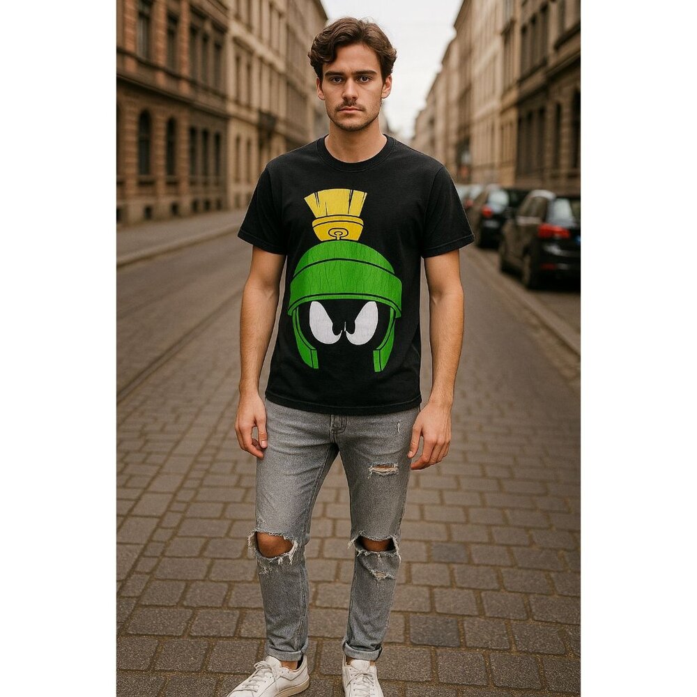 Looney Tunes Marvin the Martian Graphic Tee Black S Six Flags Streetwear Y2K